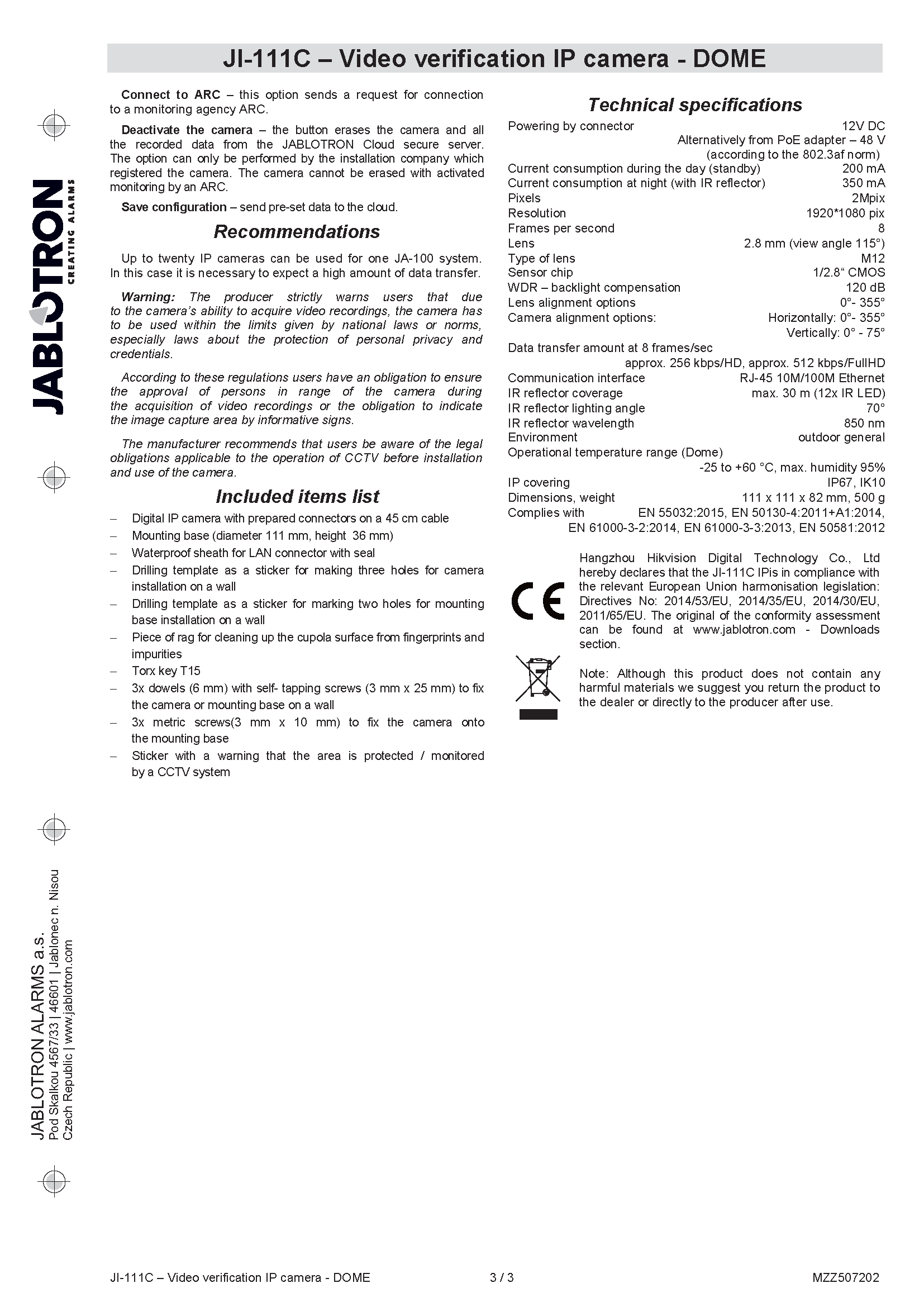Camera Jablotron Ji-111C Manual